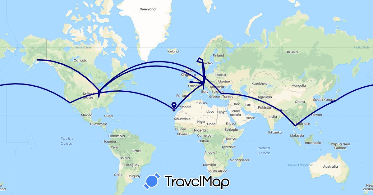 TravelMap itinerary: driving in Germany, Denmark, Spain, France, Italy, Japan, Norway, Nepal, Thailand, Turkey, United States (Asia, Europe, North America)